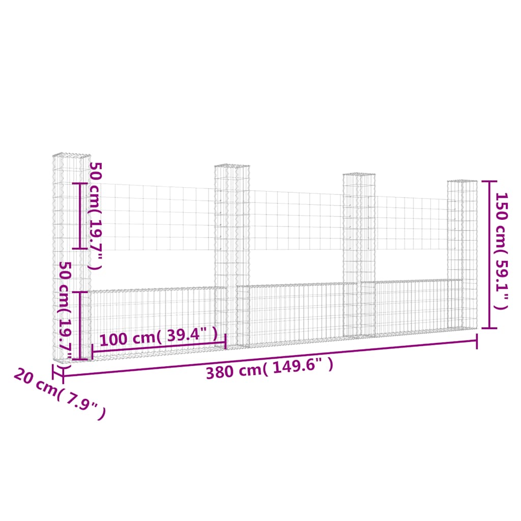 Gabionenkorb U-Form mit 4 Säulen Eisen 380x20x150 cm