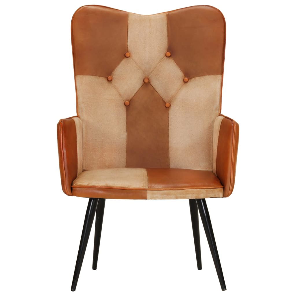 Fauteuil à oreilles en cuir véritable marron et crème