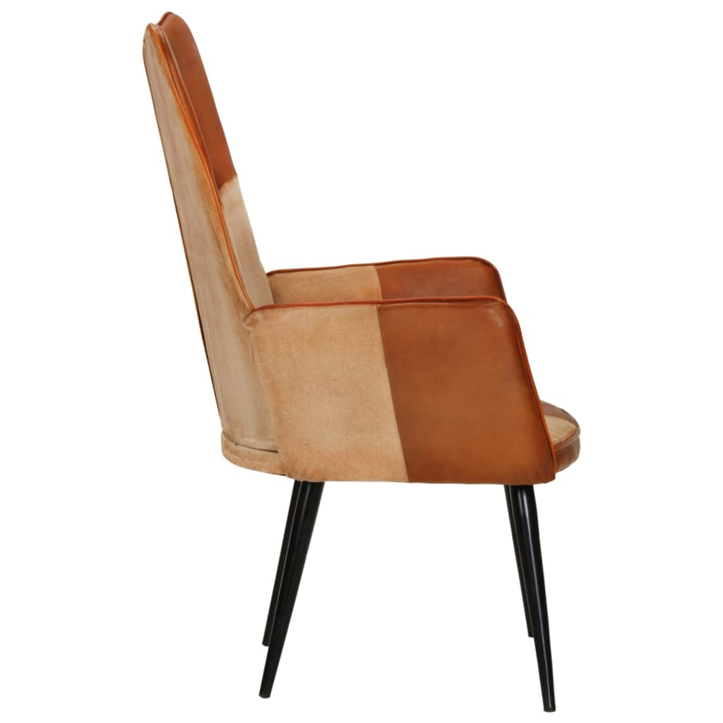 Fauteuil à oreilles en cuir véritable marron et crème