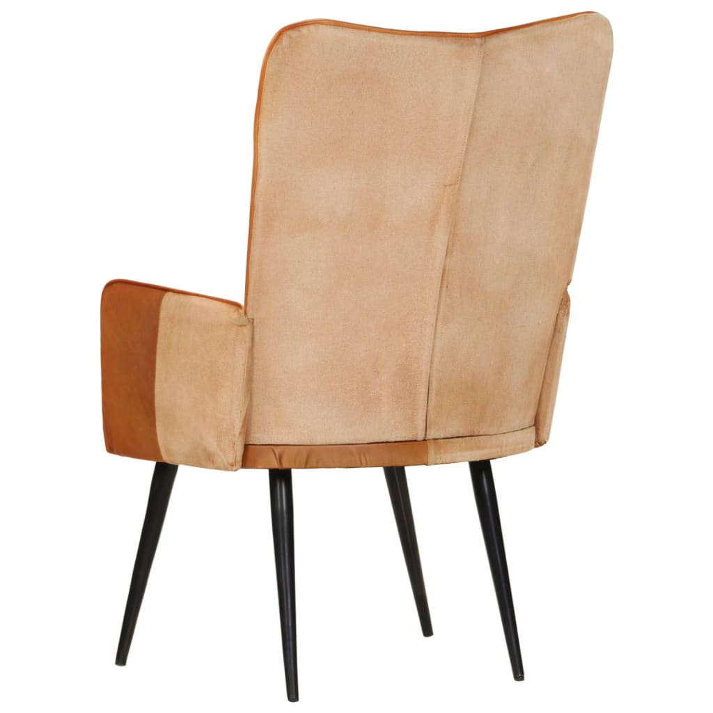 Fauteuil à oreilles en cuir véritable marron et crème