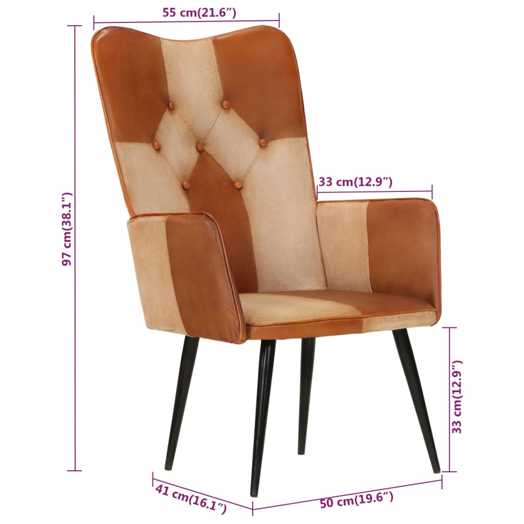 Fauteuil à oreilles en cuir véritable marron et crème