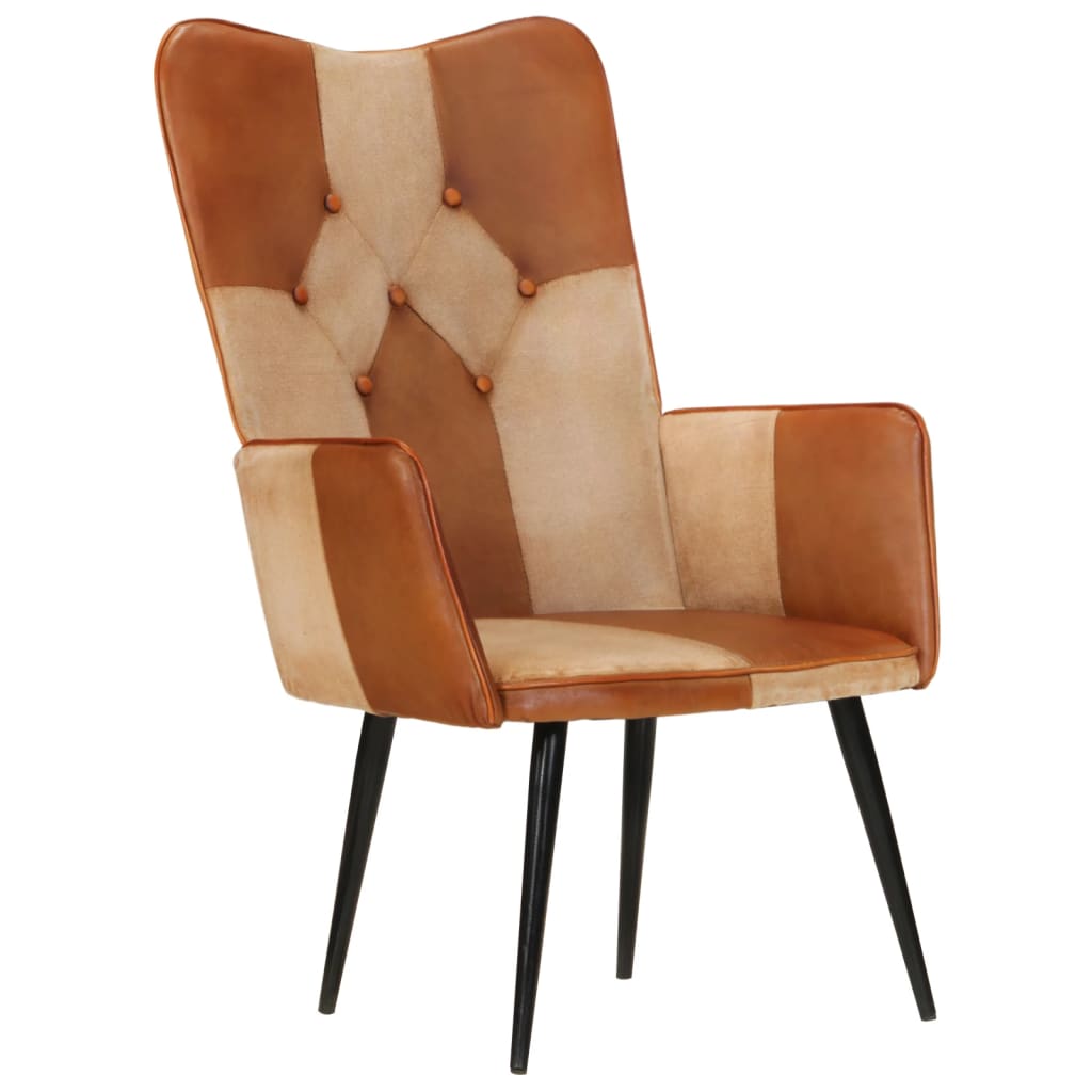Fauteuil à oreilles en cuir véritable marron et crème
