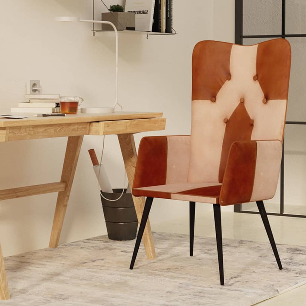 Fauteuil à oreilles en cuir véritable marron et crème