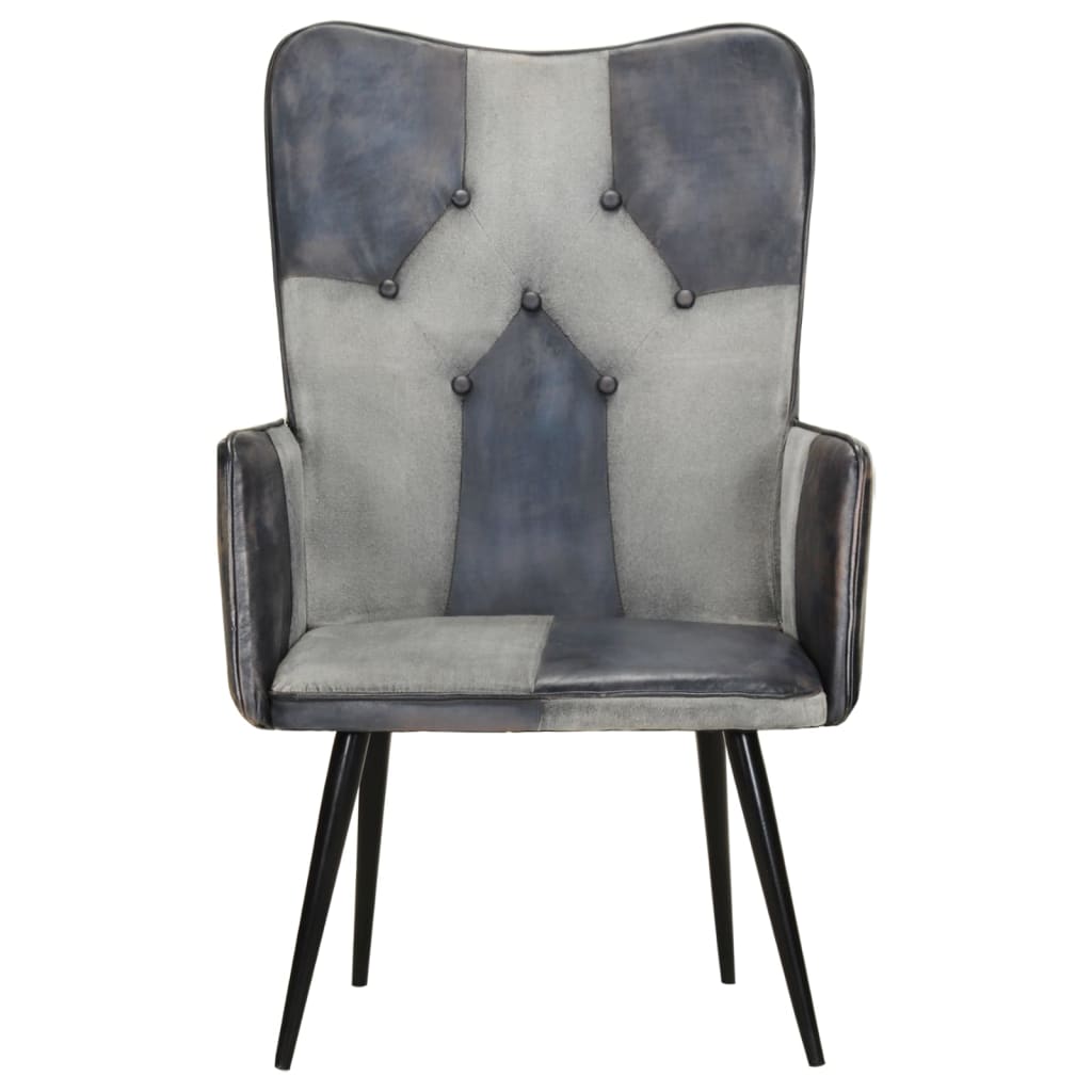 Fauteuil à oreilles en cuir véritable gris