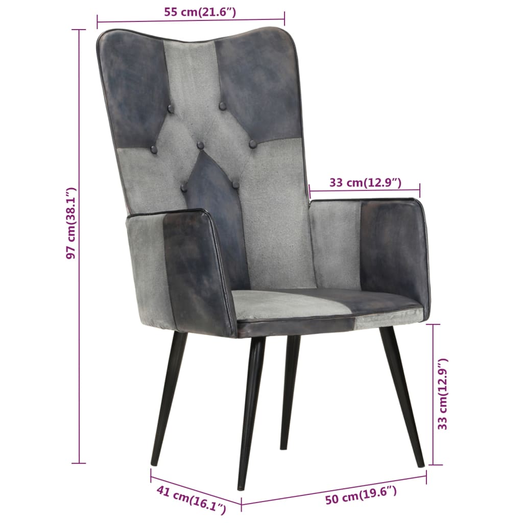Fauteuil à oreilles en cuir véritable gris
