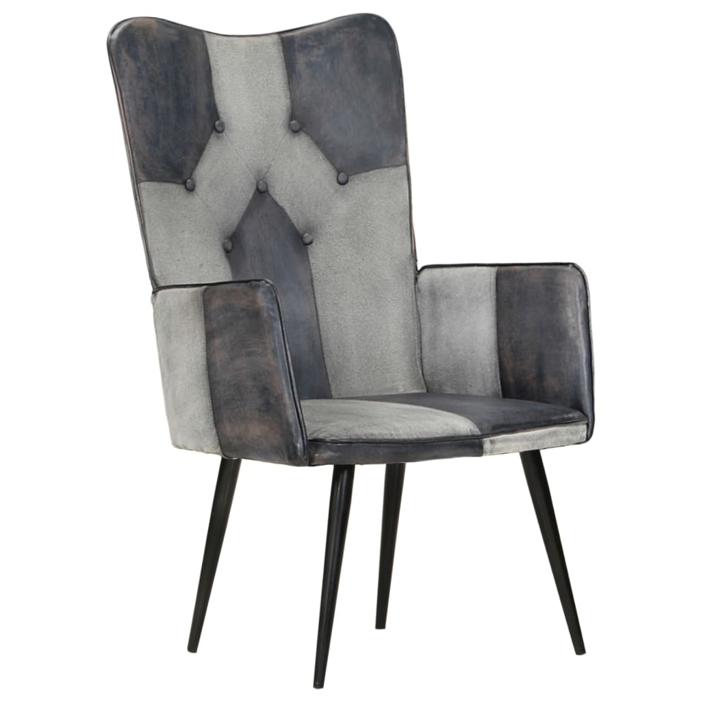Fauteuil à oreilles en cuir véritable gris