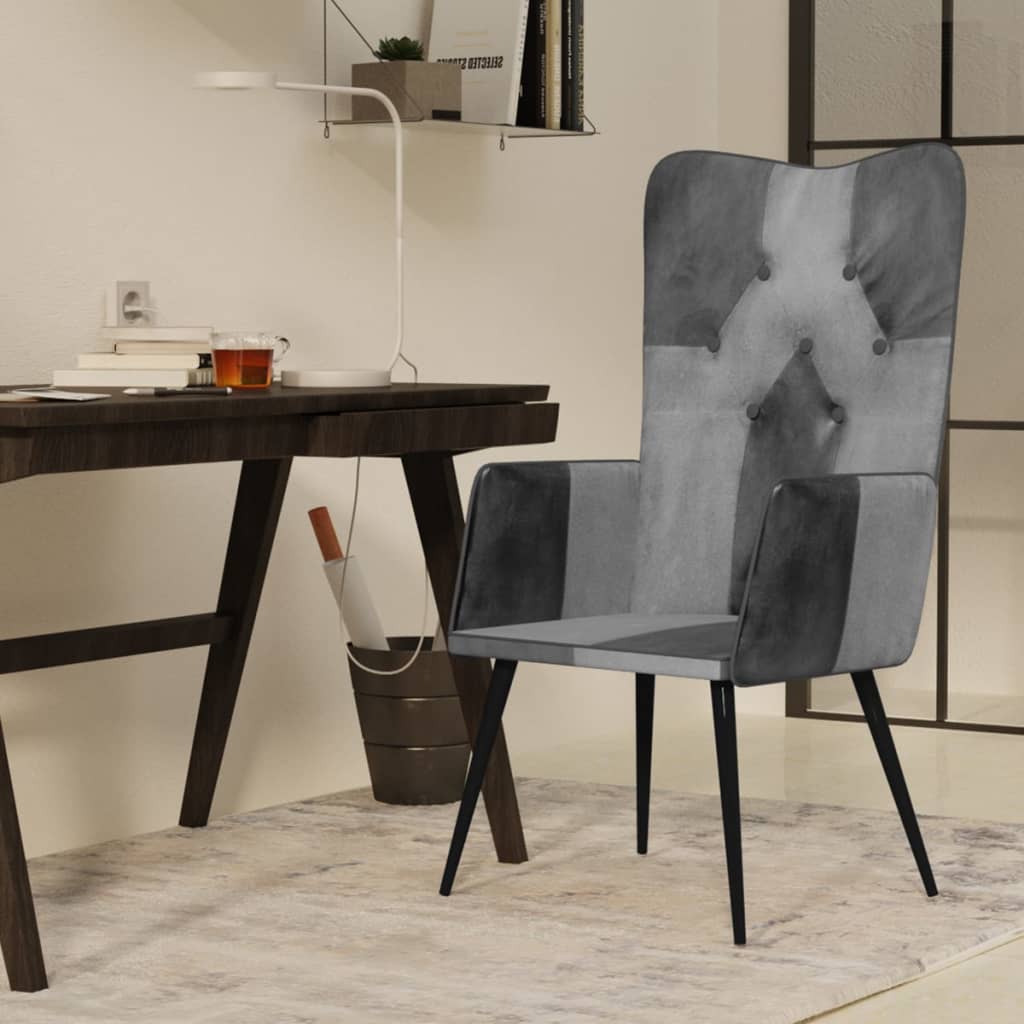 Fauteuil à oreilles en cuir véritable gris
