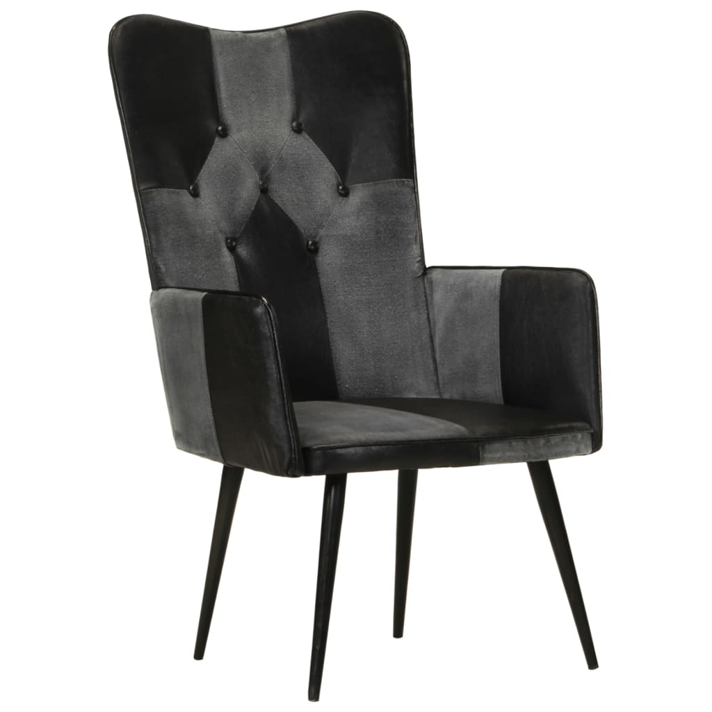 Fauteuil à oreilles en cuir véritable noir et gris