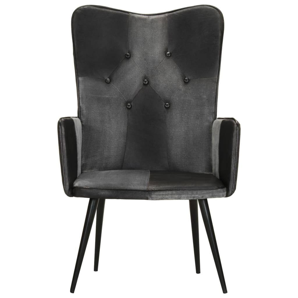 Fauteuil à oreilles en cuir véritable noir et gris