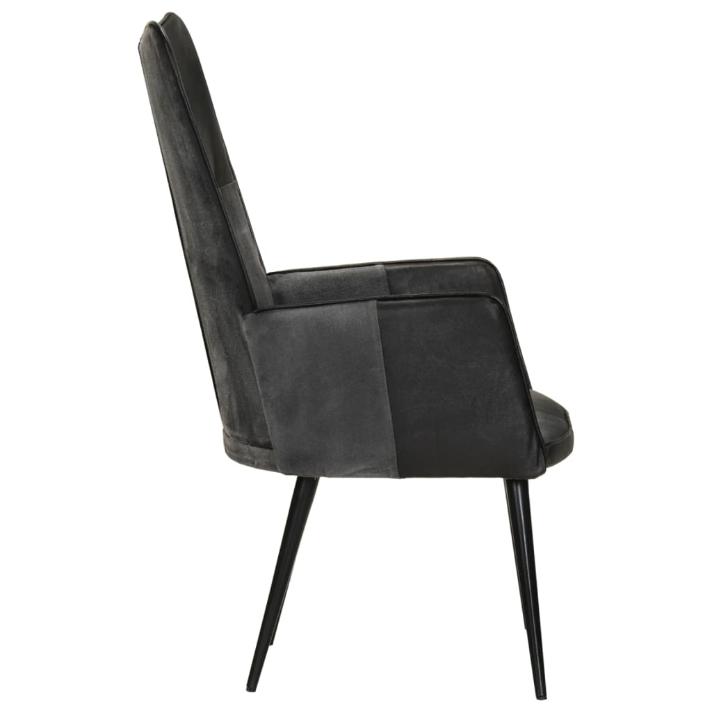 Fauteuil à oreilles en cuir véritable noir et gris
