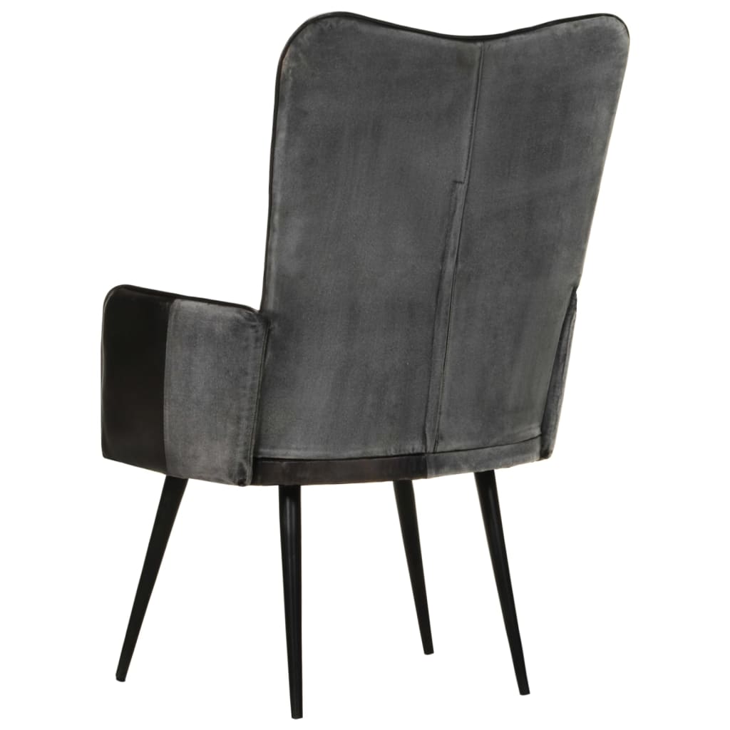 Fauteuil à oreilles en cuir véritable noir et gris