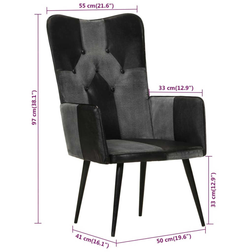 Fauteuil à oreilles en cuir véritable noir et gris