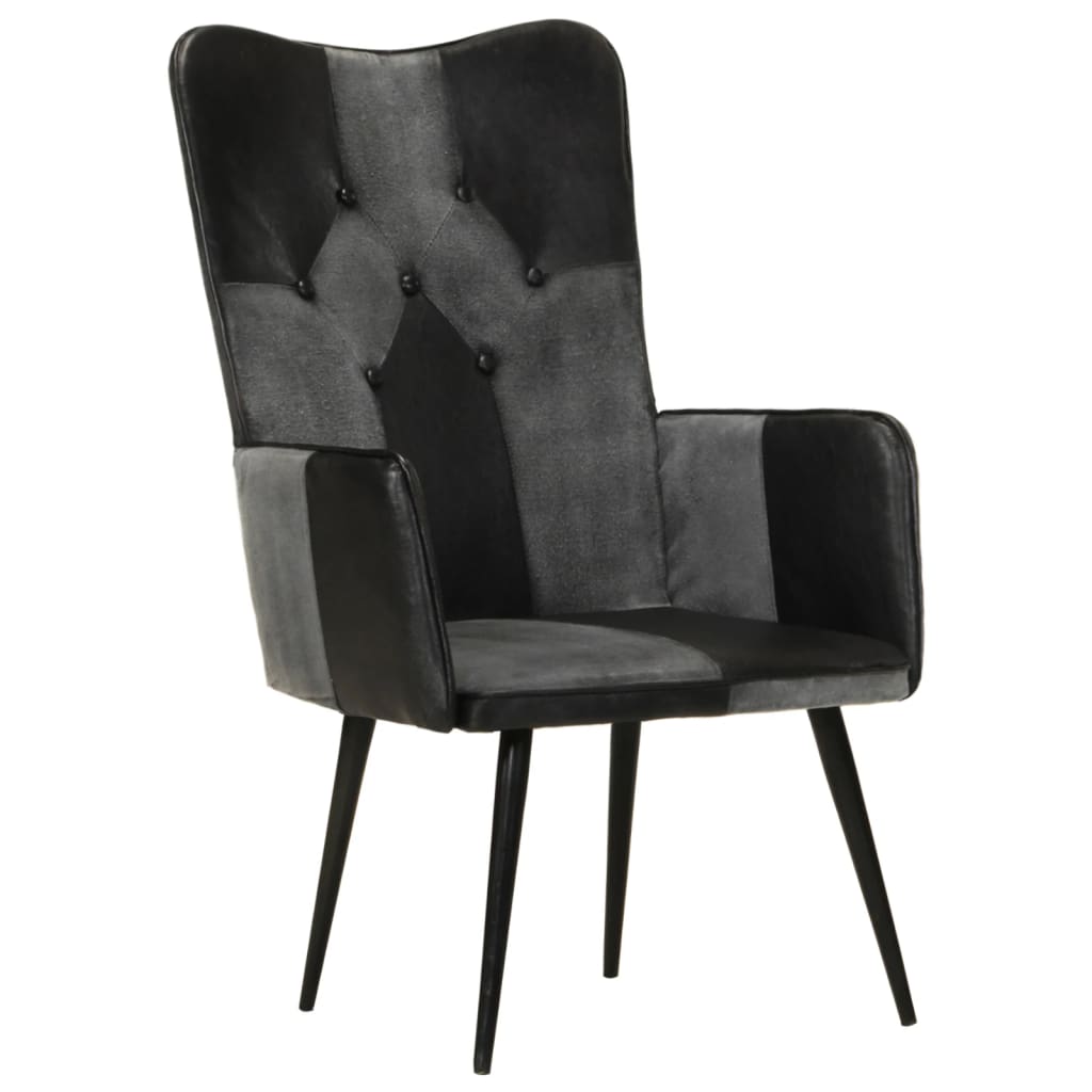 Fauteuil à oreilles en cuir véritable noir et gris
