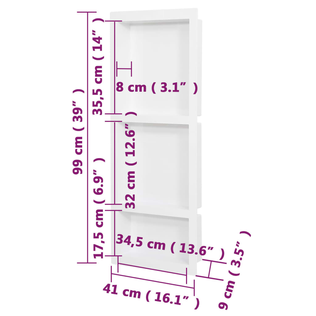 Duschnische mit 3 Fächern Hochglanz-Weiß 41x99x9 cm
