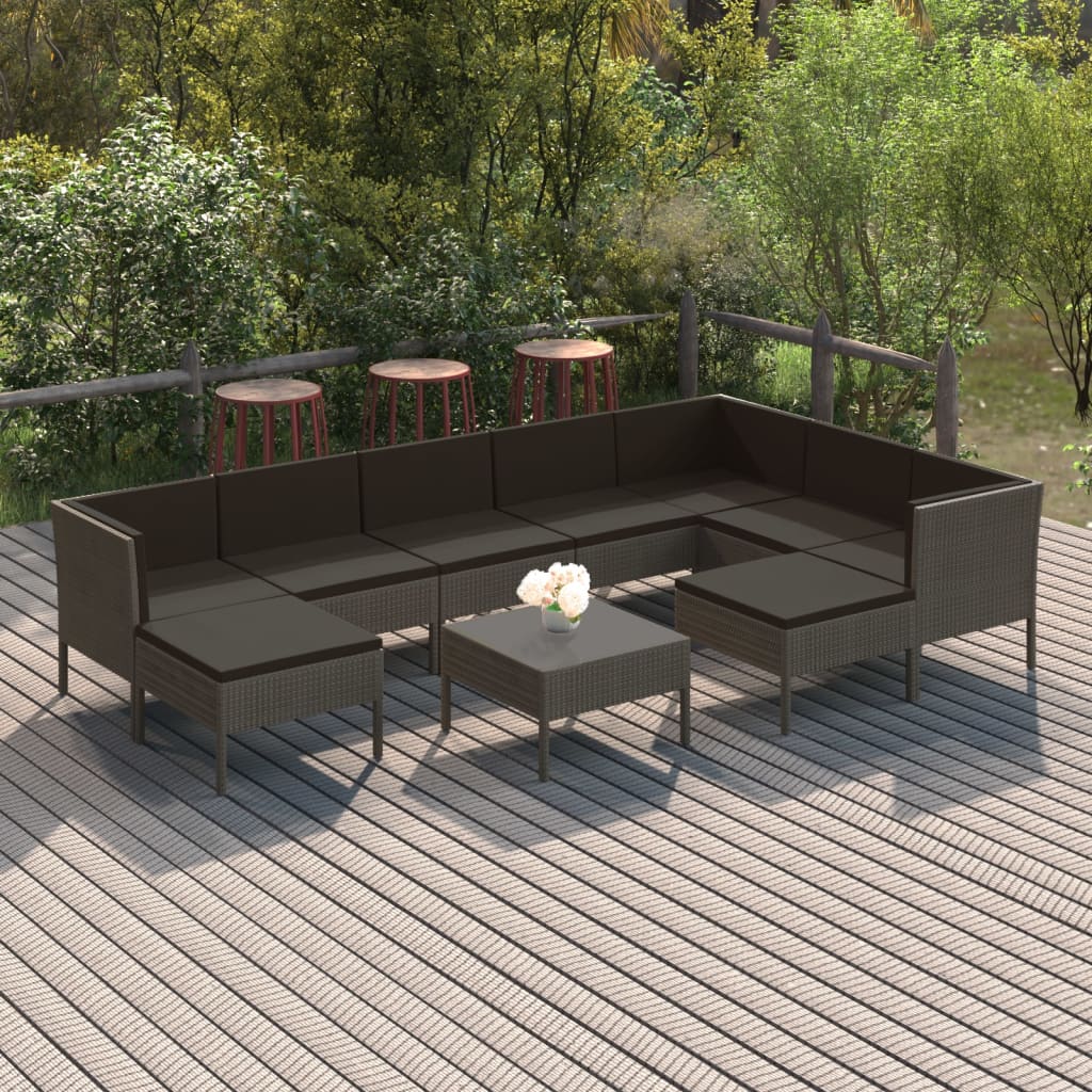 10 pièces. Salon de jardin avec coussins poly rotin gris