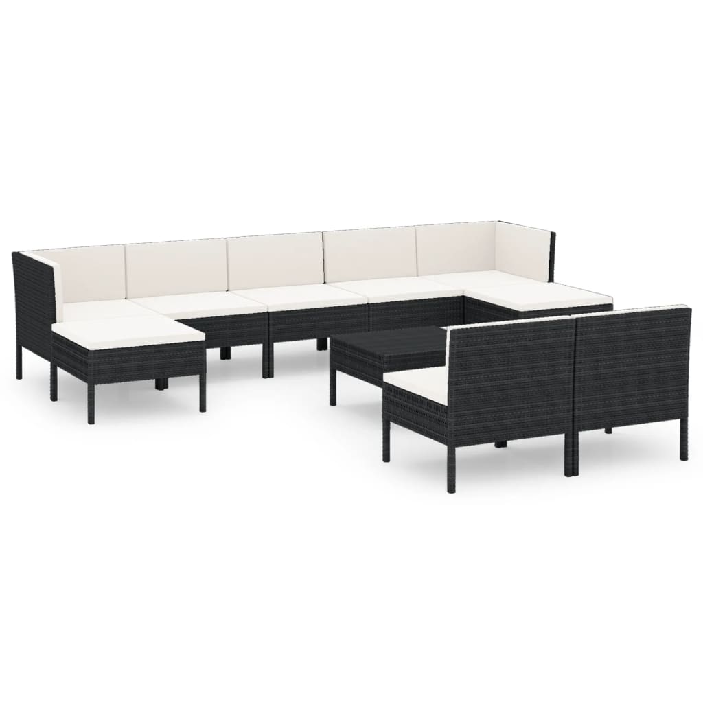 10 pièces. Salon de jardin avec coussins poly rotin noir