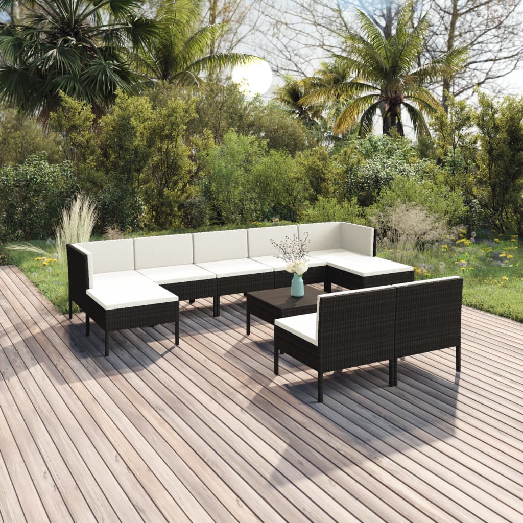 10 pièces. Salon de jardin avec coussins poly rotin noir