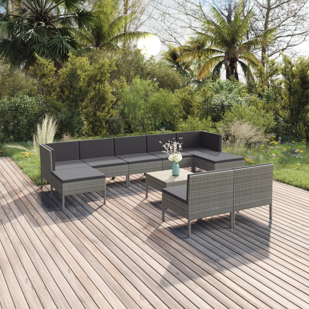 10 pièces. Salon de jardin avec coussins poly rotin gris