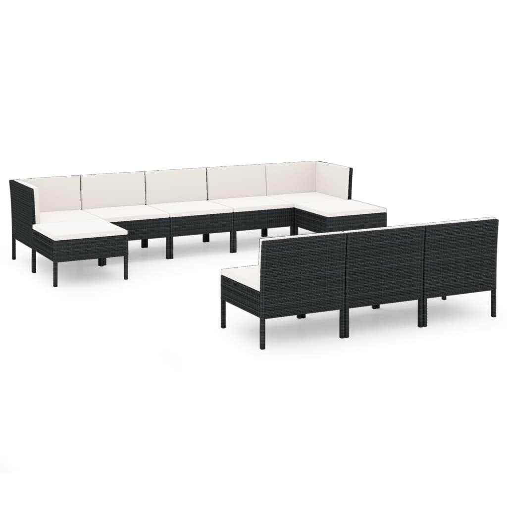 10 pièces. Salon de jardin avec coussins poly rotin noir