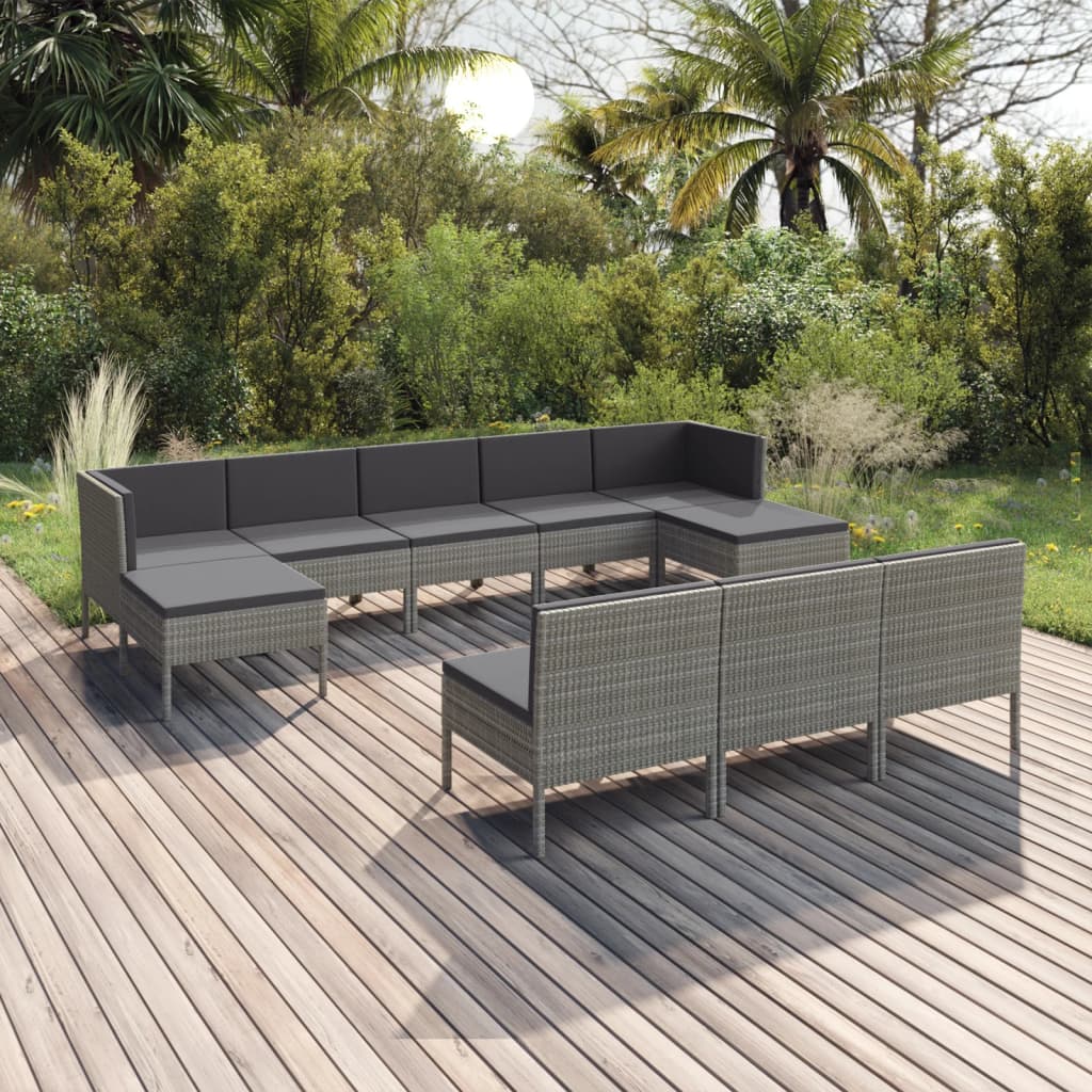 10 pièces. Salon de jardin avec coussins poly rotin gris
