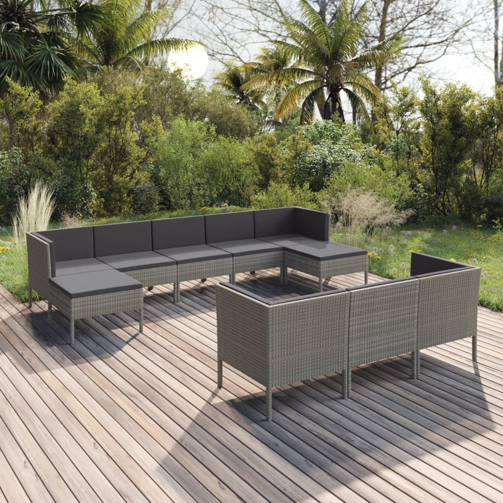 10 pièces. Salon de jardin avec coussins poly rotin gris