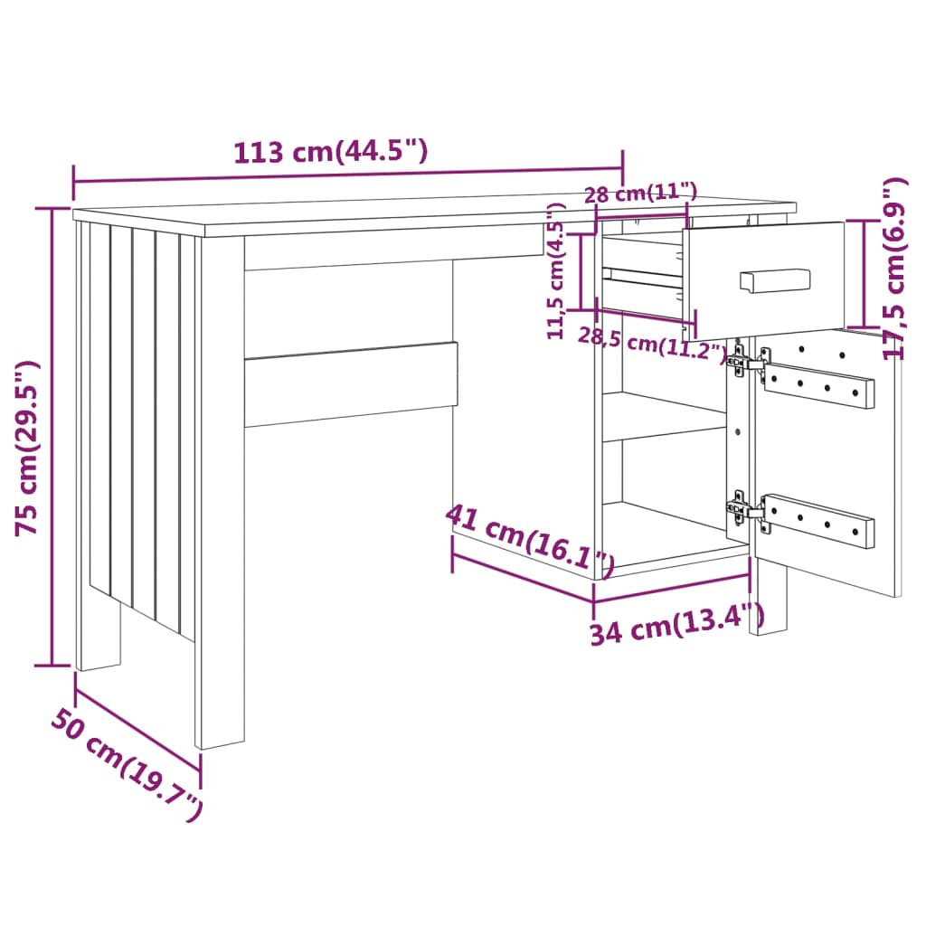 Bureau HAMAR Blanc 113x50x75 cm pin massif