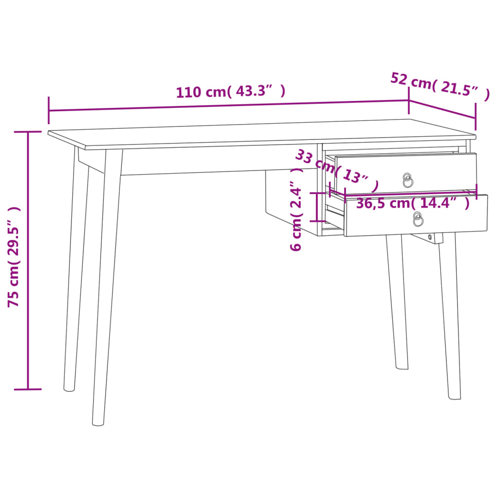 Schreibtisch mit 2 Schubladen 110x52x75 cm Massivholz Teak
