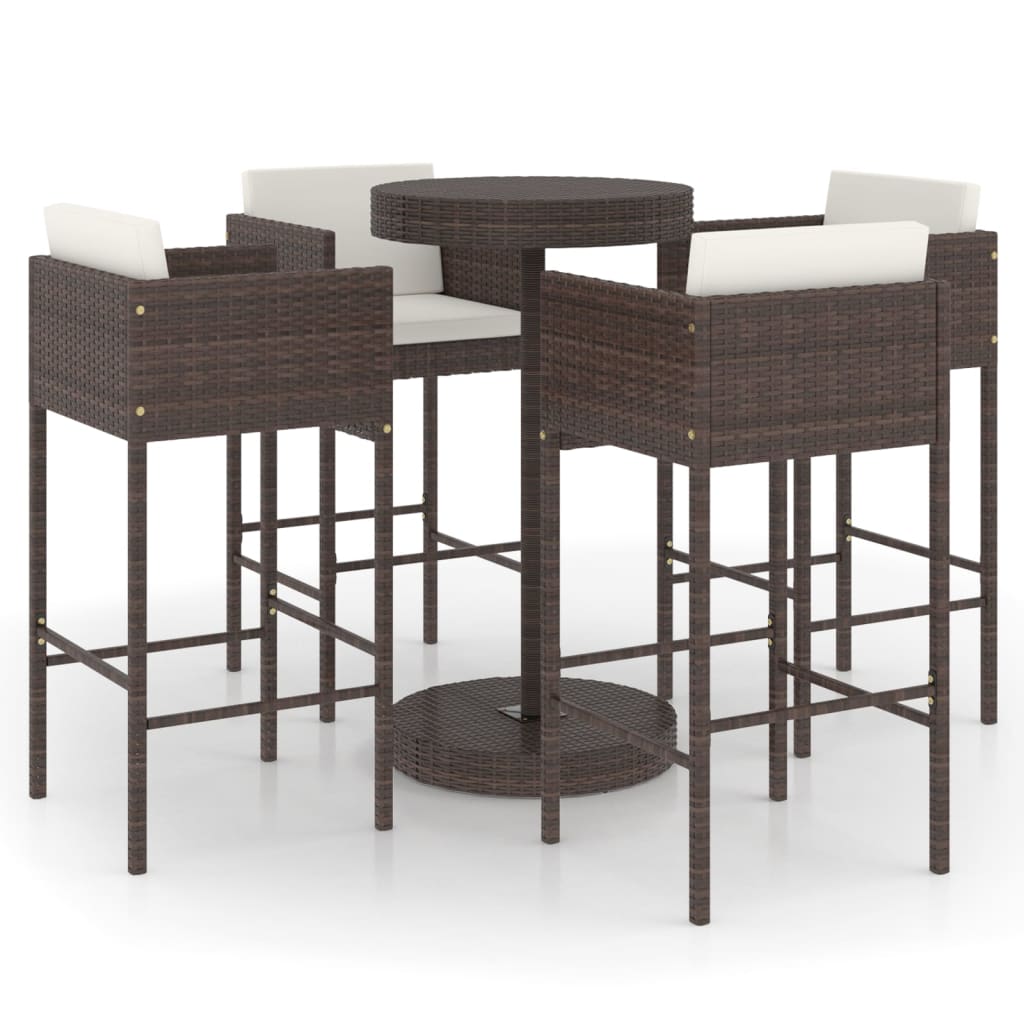 5-piece garden bar set with cushions, poly rattan, brown