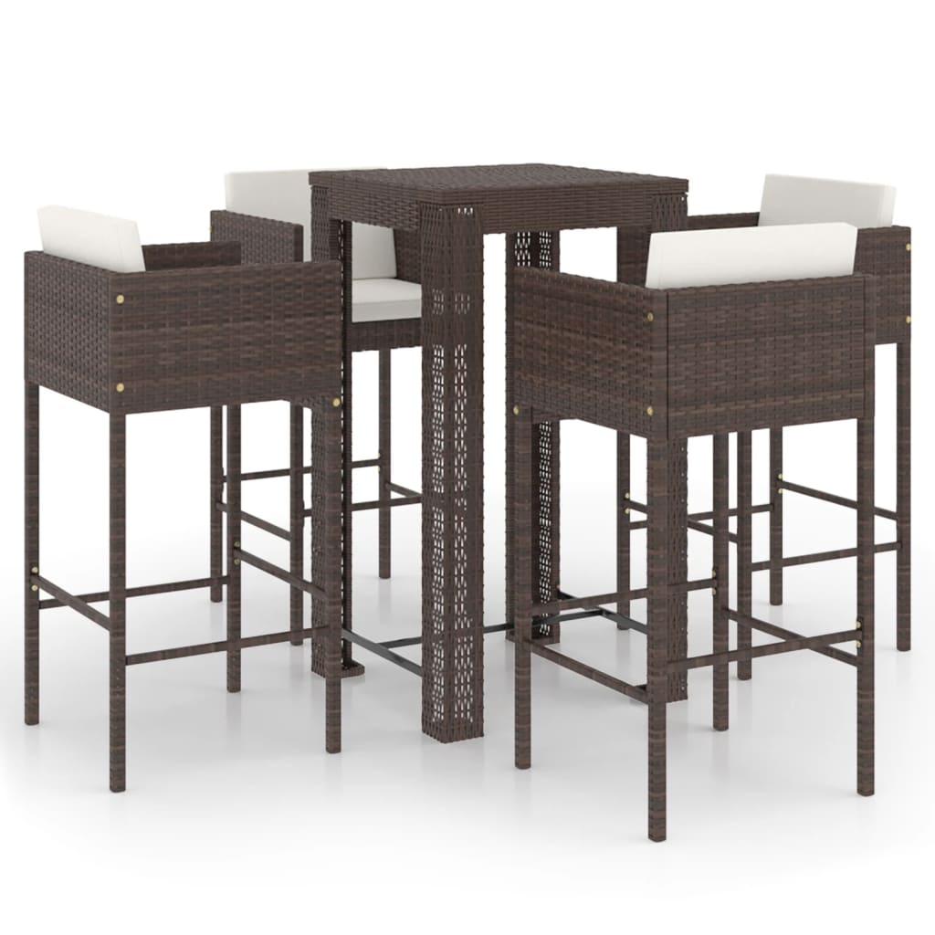 5-piece garden bar set with cushions, poly rattan, brown