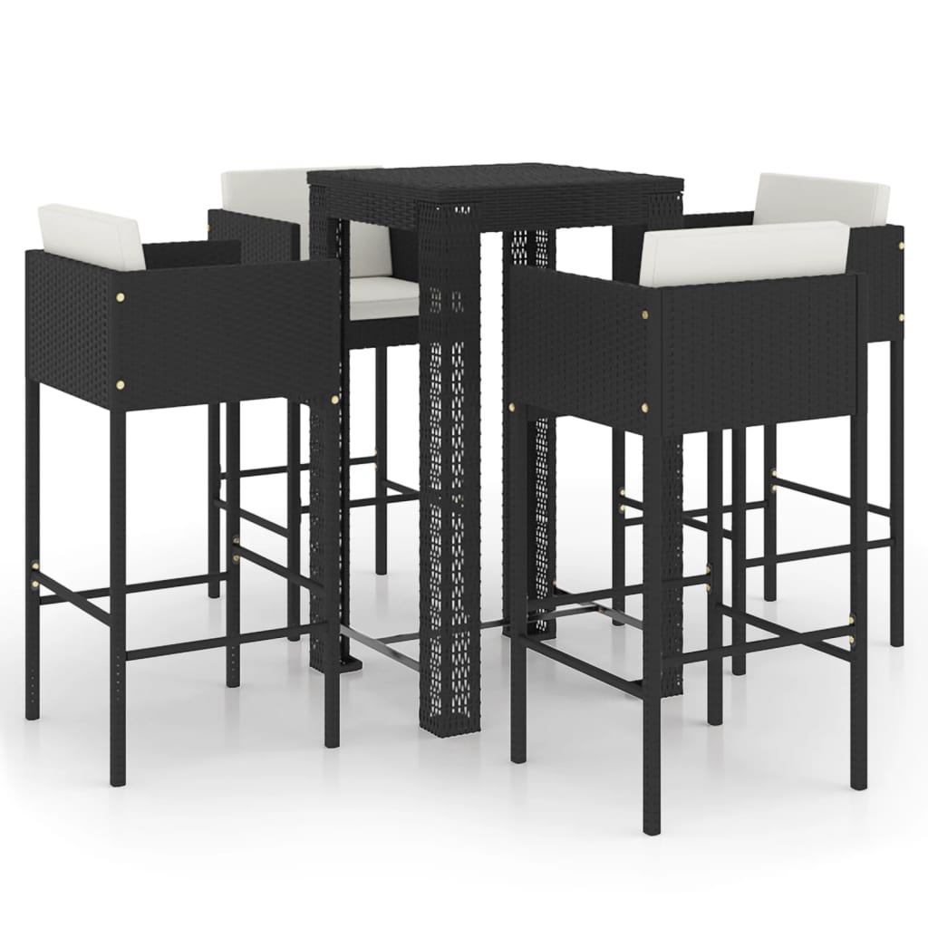 5-tlg. Gartenbar-Set mit Kissen Poly Rattan Schwarz