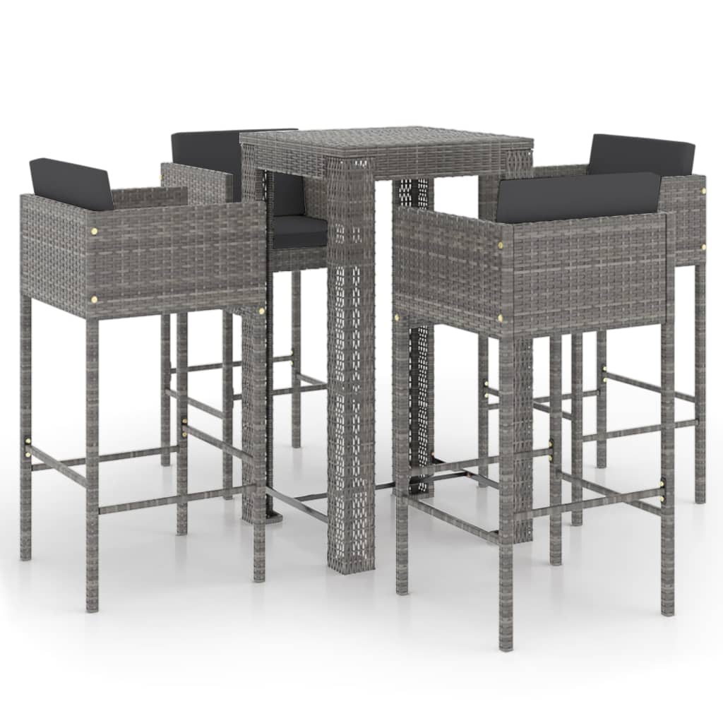 5-piece garden bar set with cushions, poly rattan, grey