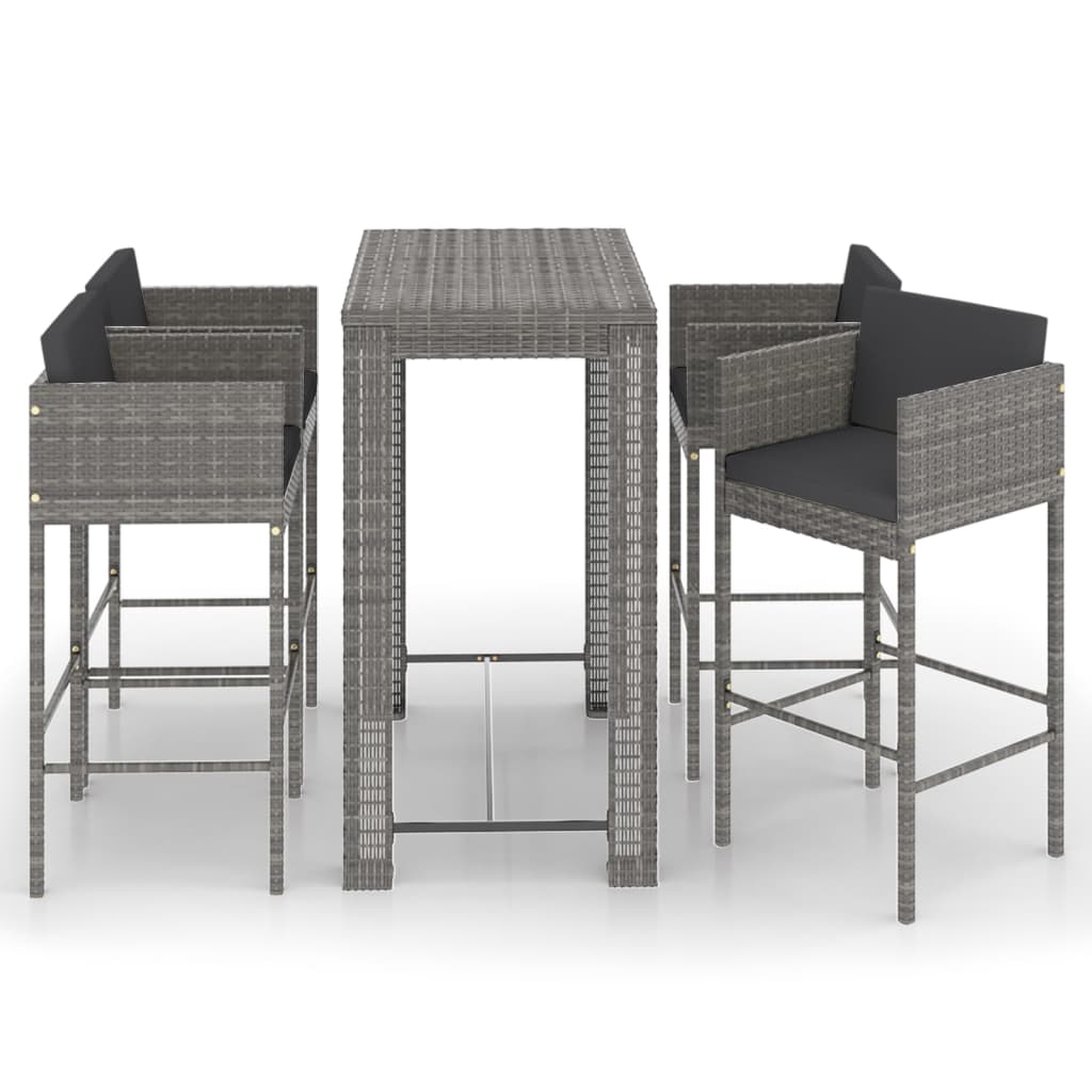 5-piece garden bar set with cushions, poly rattan, grey