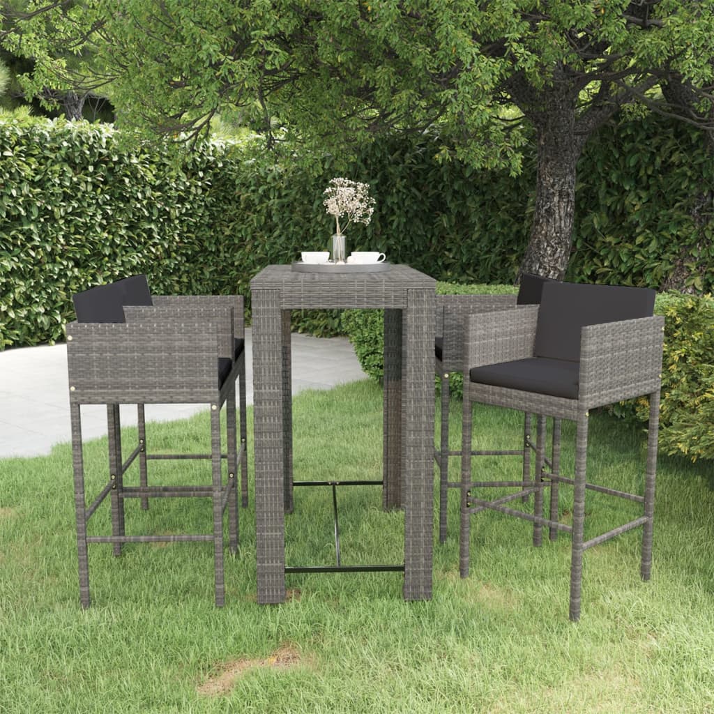 5-piece garden bar set with cushions, poly rattan, grey