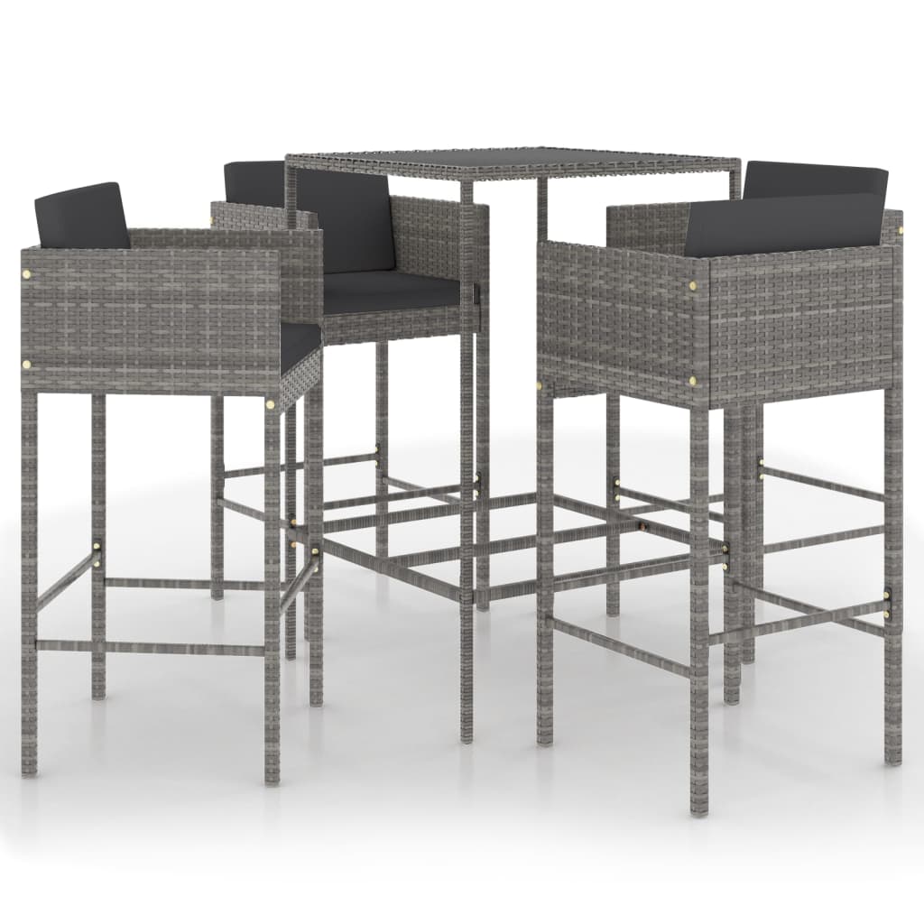 5-piece garden bar set with cushions, poly rattan, grey