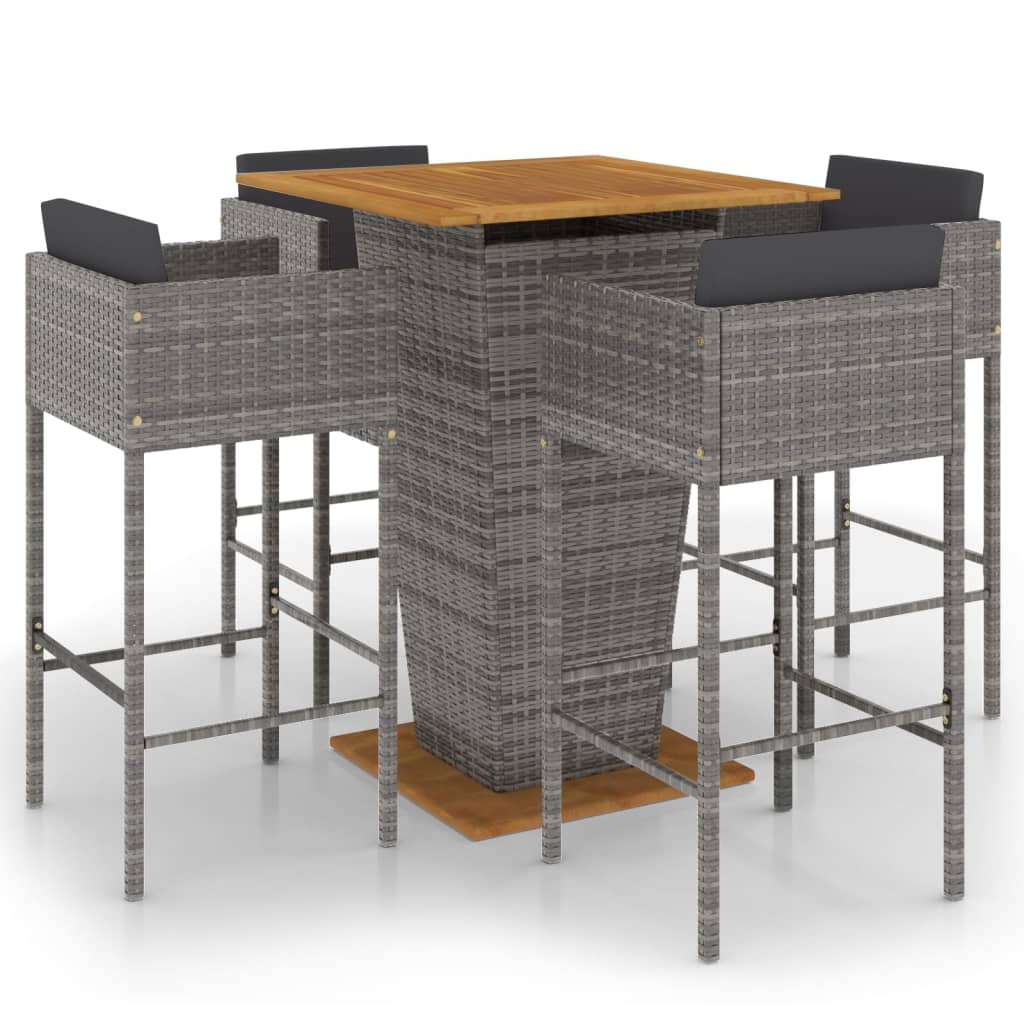 5-piece garden bar set with cushions, poly rattan, grey