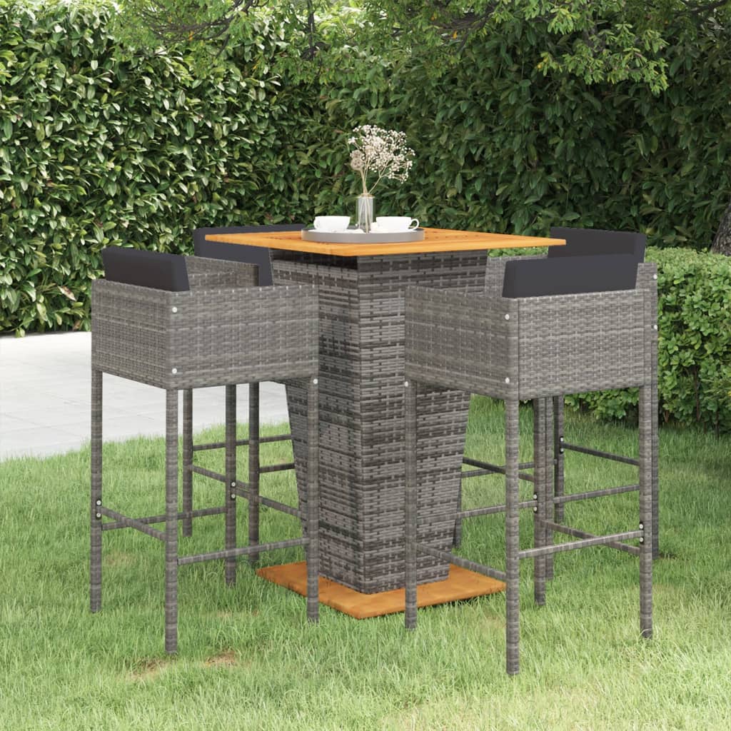 5-piece garden bar set with cushions, poly rattan, grey