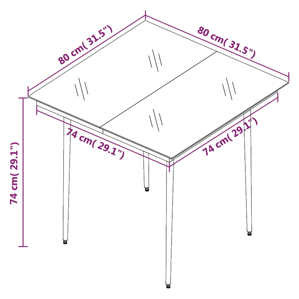 Garden dining table black 80x80x74 cm steel and glass