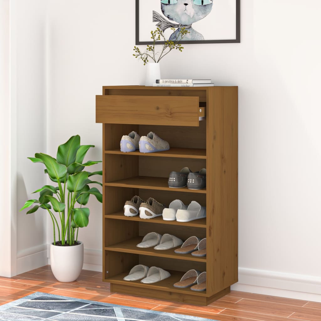 Étagère à chaussures marron miel 60x34x105 cm en bois de pin massif