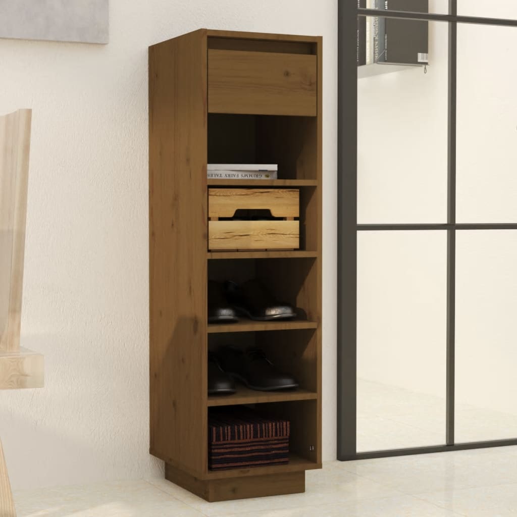 Étagère à chaussures marron miel 30x34x105 cm en bois de pin massif