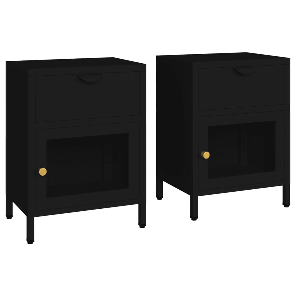 Tables de chevet, lot de 2, noir, 40 x 30 x 54,5 cm, acier et verre