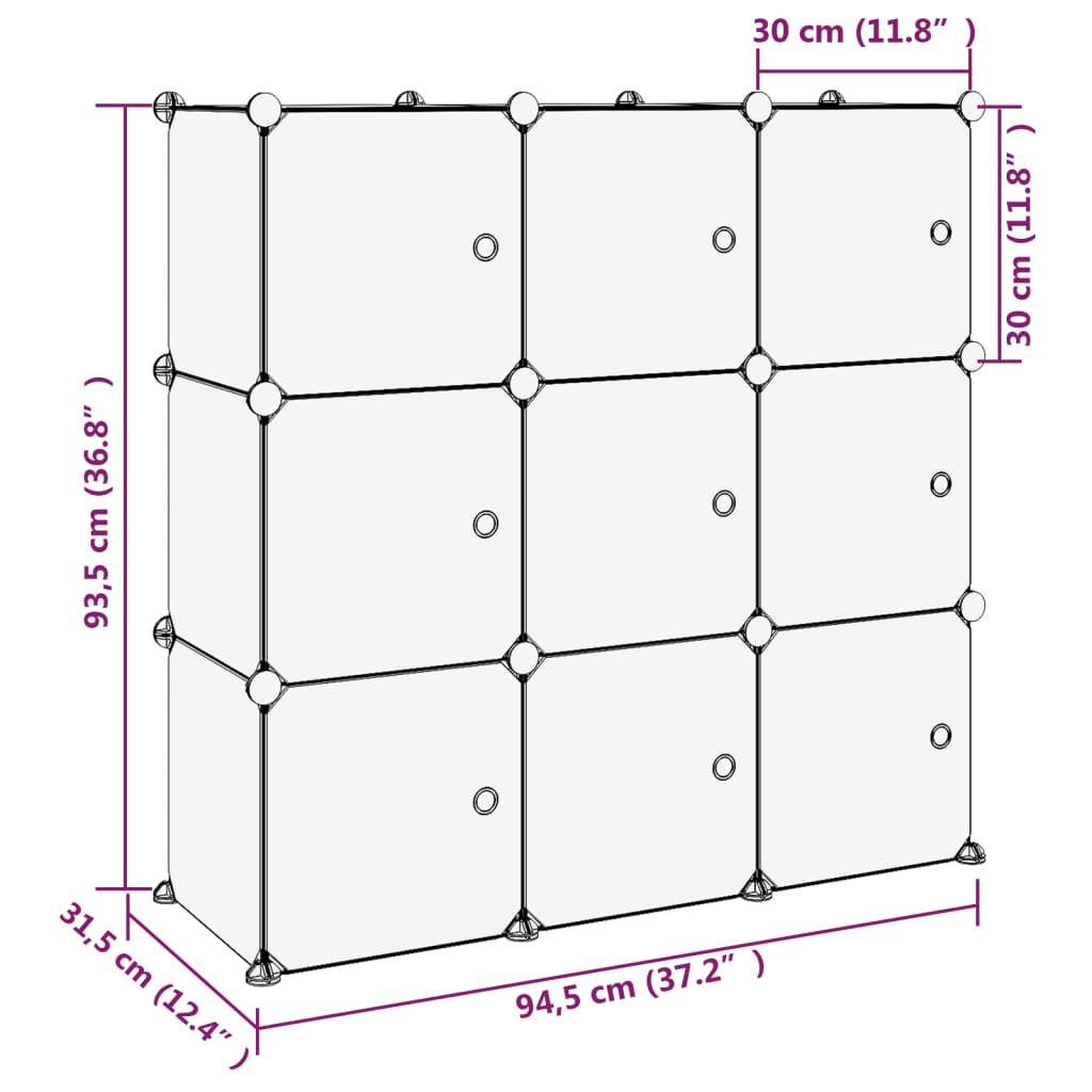 Système d'étagères avec 9 cubes et portes en PP noir