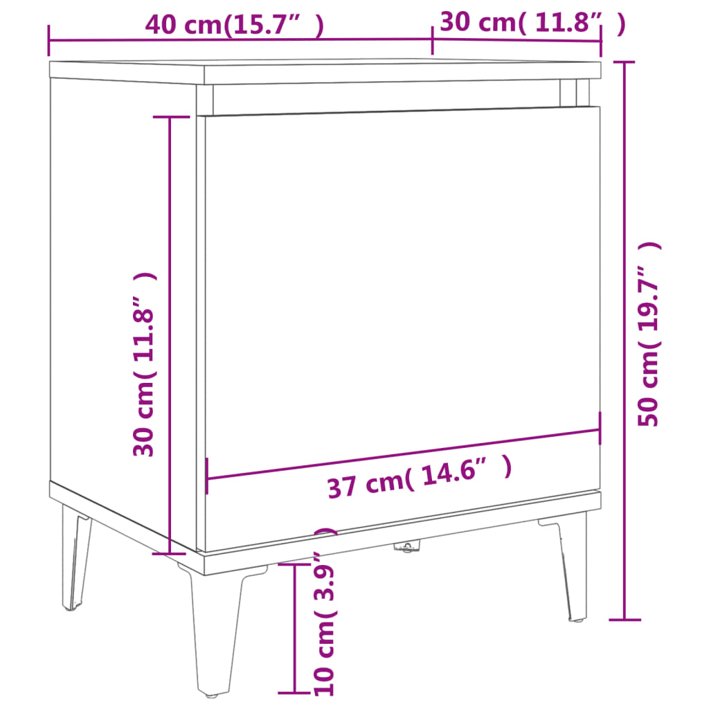 Bedside table with metal legs brown oak look 40x30x50 cm