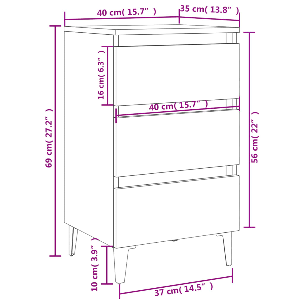 Bedside table with metal legs Gray Sonoma 40x35x69 cm