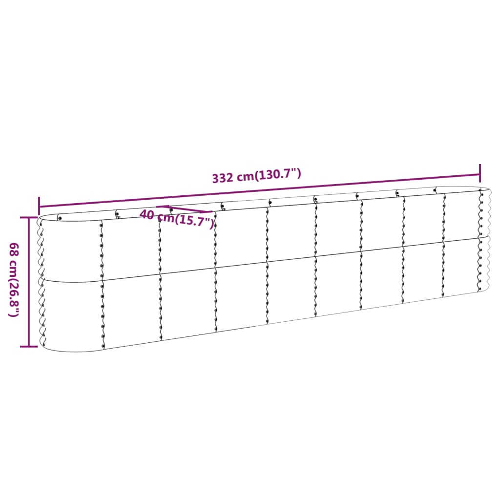 Raised bed powder-coated steel 332x40x68 cm grey