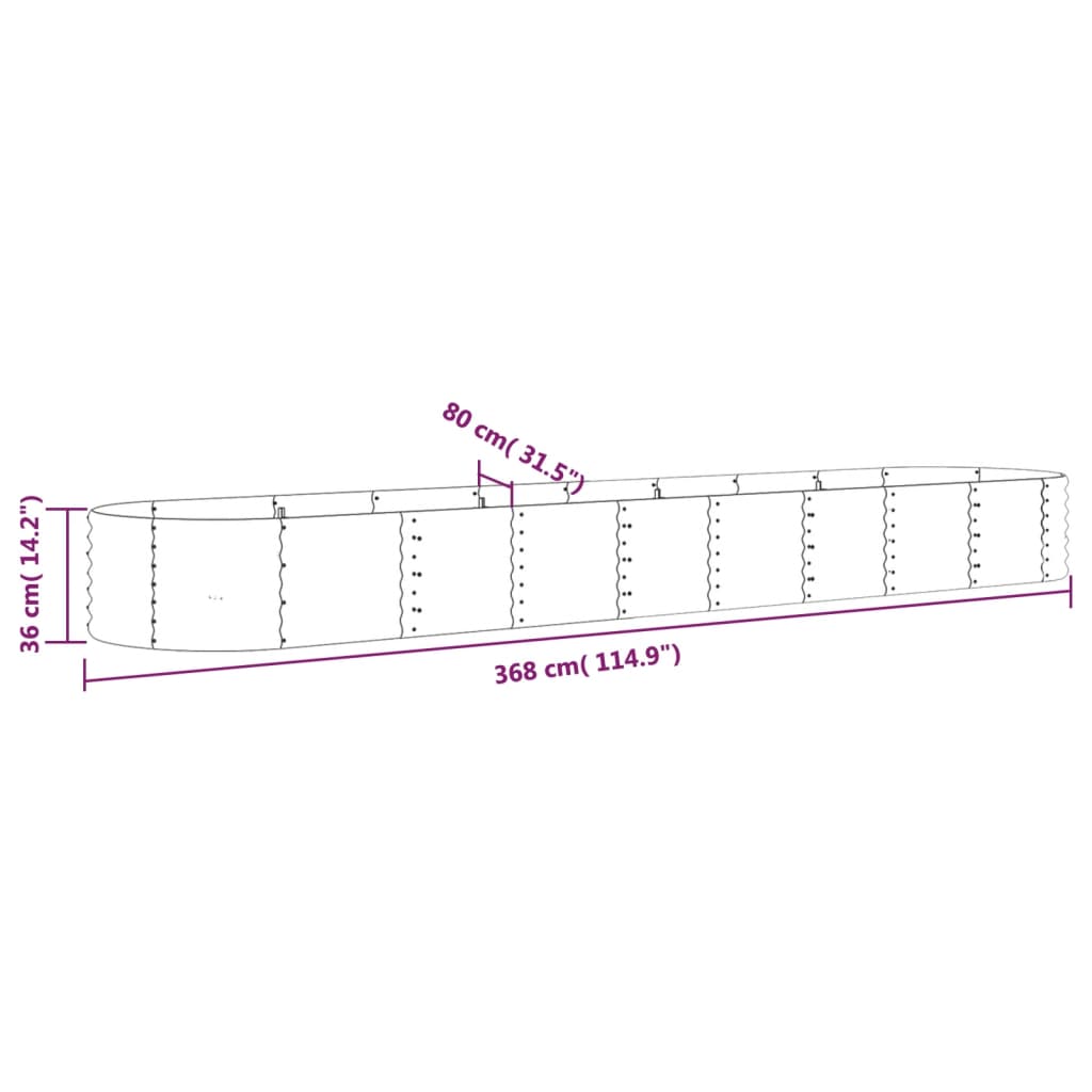 Raised bed powder-coated steel 368x80x36 cm silver