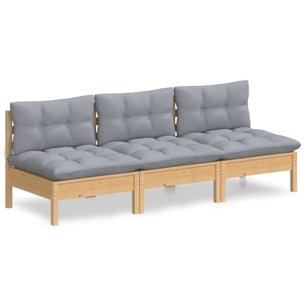 3-seater garden sofa with grey cushions solid pine wood