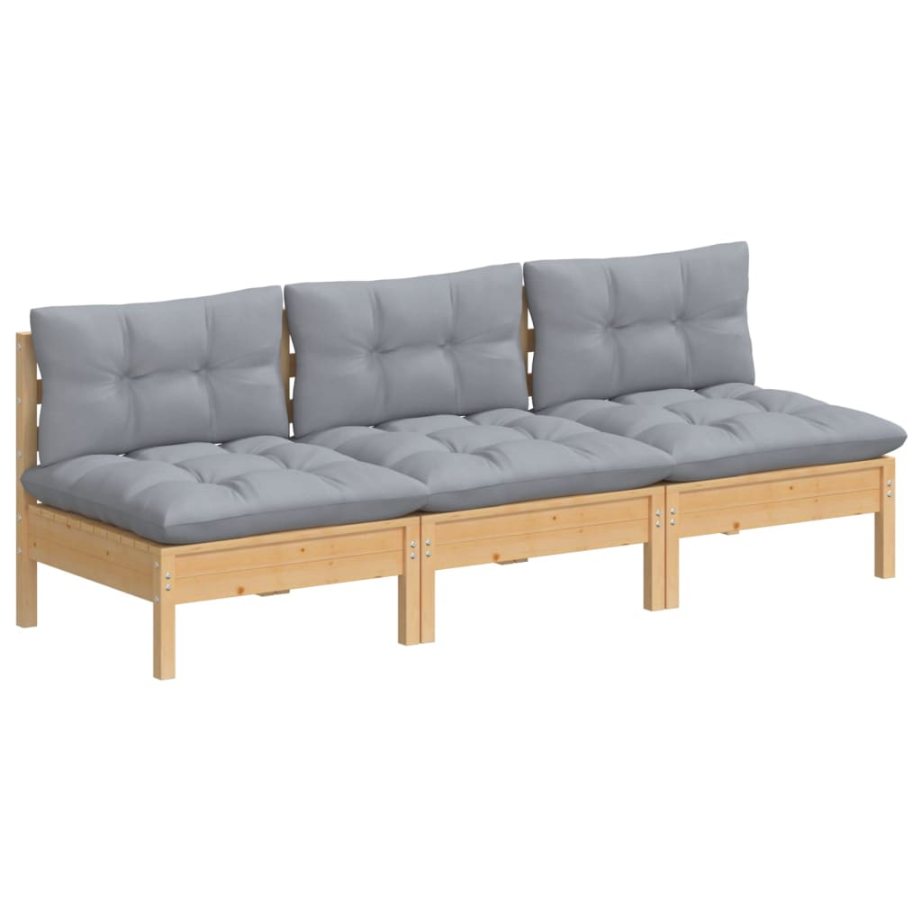 3-seater garden sofa with grey cushions solid pine wood