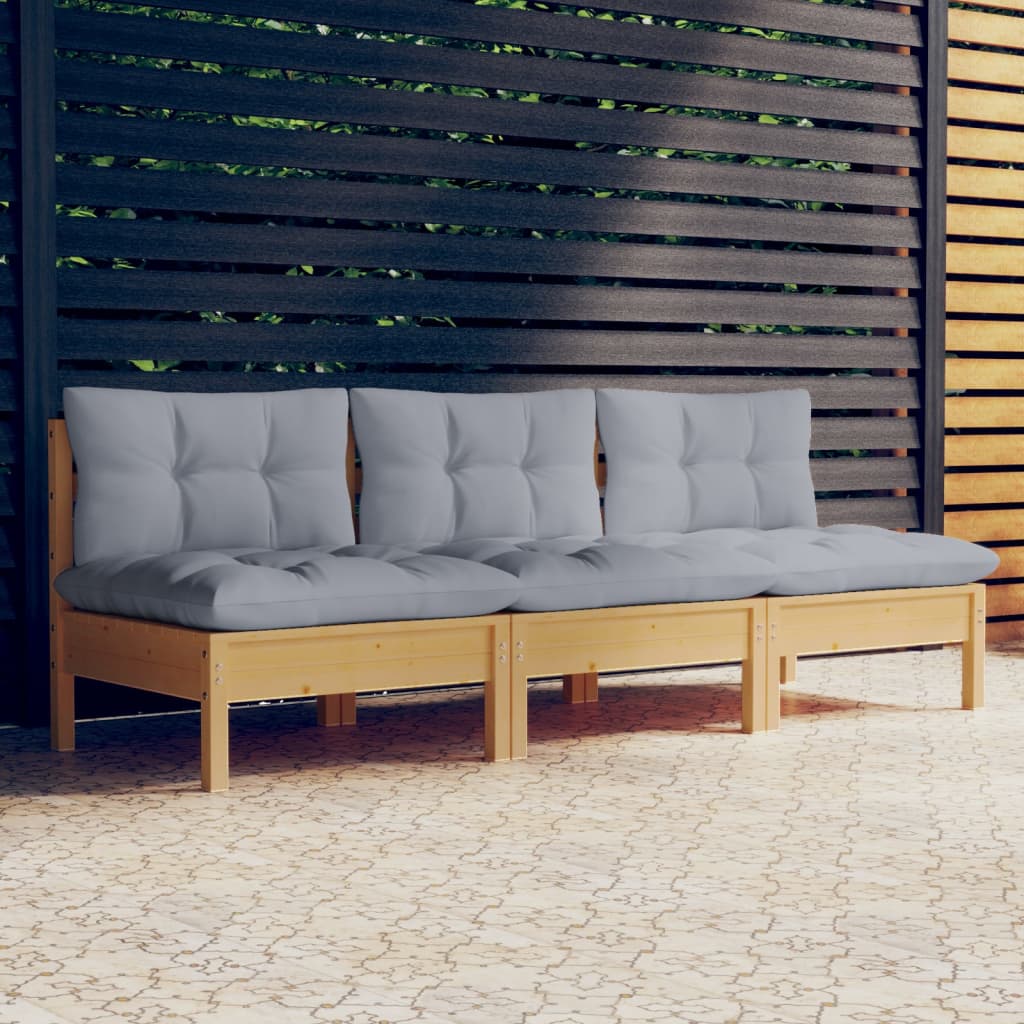 3-seater garden sofa with grey cushions solid pine wood