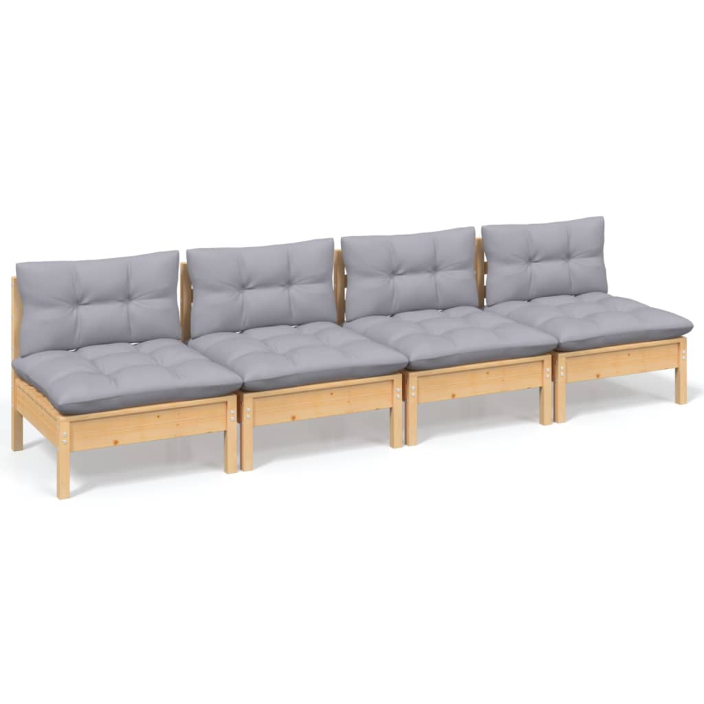 4-seater garden sofa with grey cushions solid pine wood