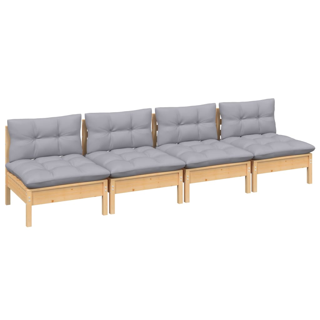 4-seater garden sofa with grey cushions solid pine wood